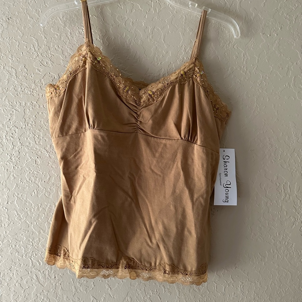 Tan Lace Trim Camisole Tank Top 95%Cotton Size Medium NWT